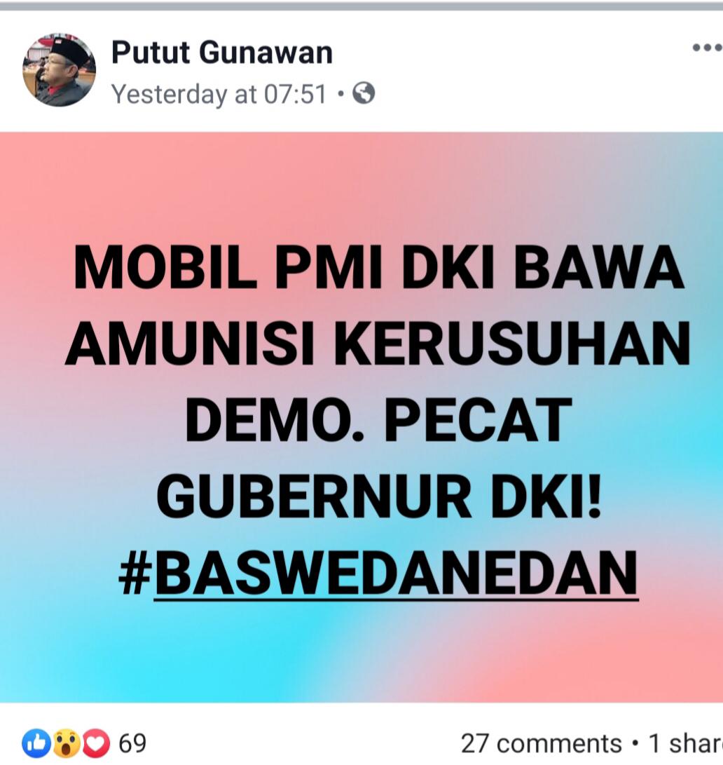 Postingan Putut Gunawan di akun Facebook terkait mobil ambulans yang berujung pelaporan ke polisi, Selasa (1/10). (MP/Ismail)