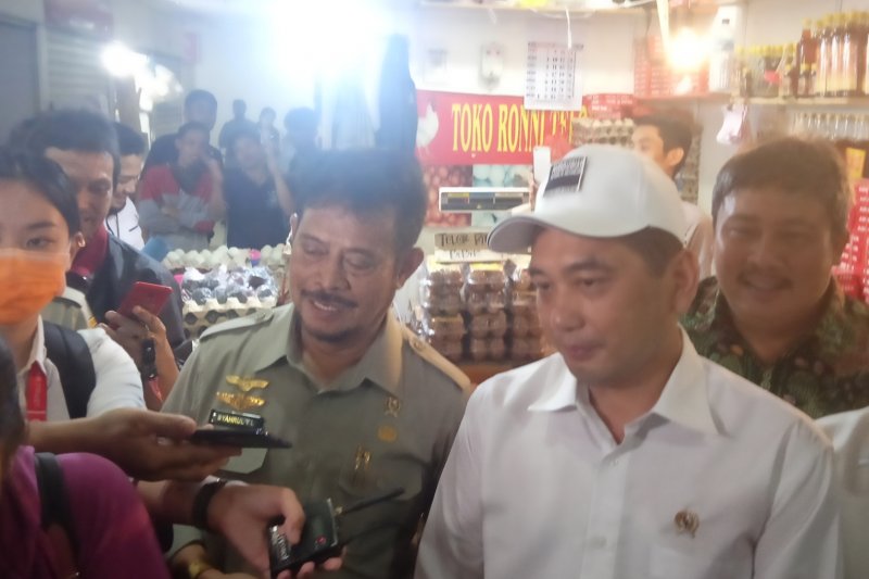 Menteri Perdagangan Agus Suparmanto dan Menteri Pertanian Syahrul Yasin Limpo memberikan keterangan di sela kunjungannya ke Pasar Senen, Jakarta Pusat, Senin (3/2/2020). (ANTARA/ Zubi Mahrofi)