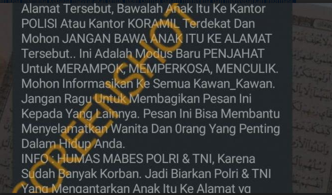[HOAKS atau FAKTA]: Mabes Polri Minta Warga Waspadai Ada Anak Menangis di Jalanan