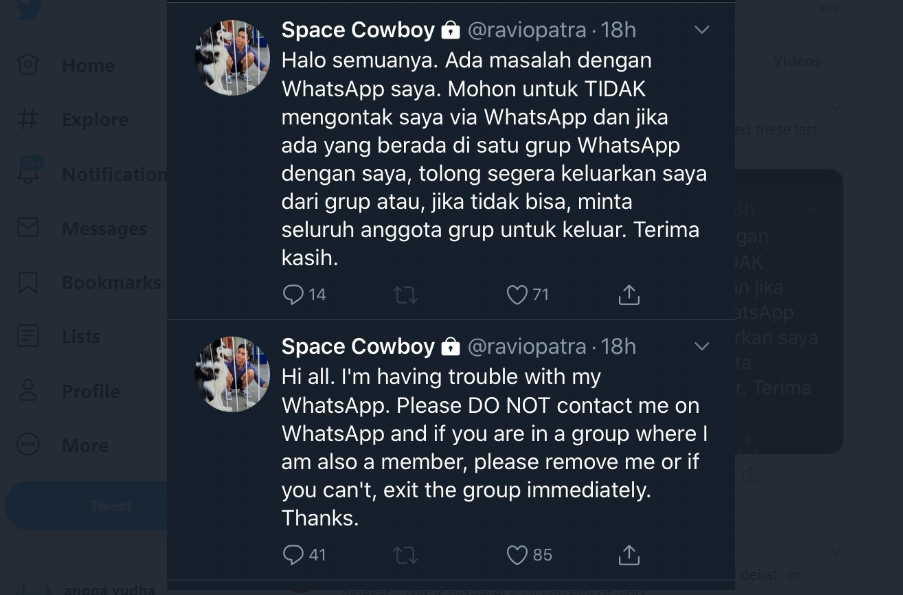 Salah satu tweet Ravio sebelum ditangkap polisi (@raviopatra)
