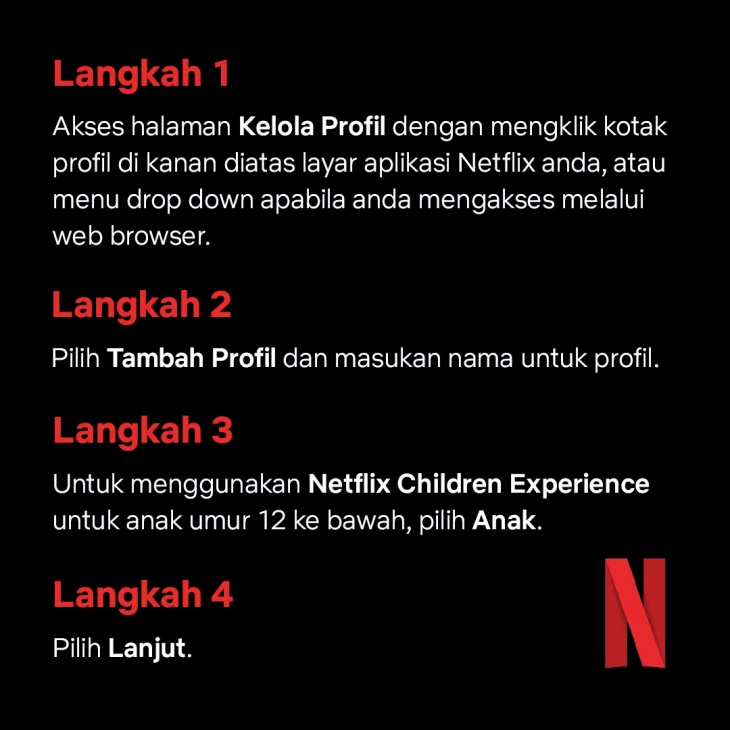 Cara menyiapkan profil anak di pengaturan Netflix. (Foto Ist)