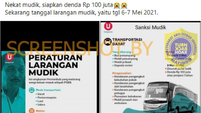 Tangkapan layar denda mudik. (Foto: Mafindo)