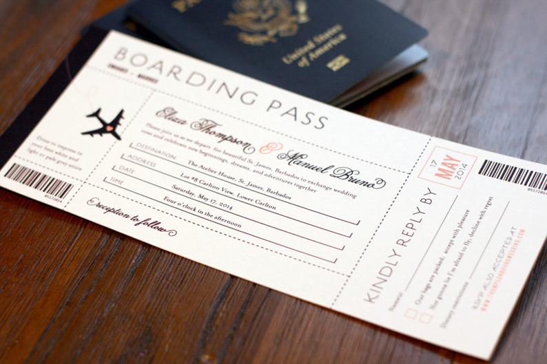Undangan pernikahan dengan desain menyerupai boarding pass (Foto: etsy)