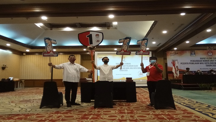 Pasangan Gibran-Teguh dapat nomor undian satu dan Bajo mendapatkan undian nomor dua di Pilwakot Solo, Jawa Tengah, Kamis (24/9). (MP/Ismail)