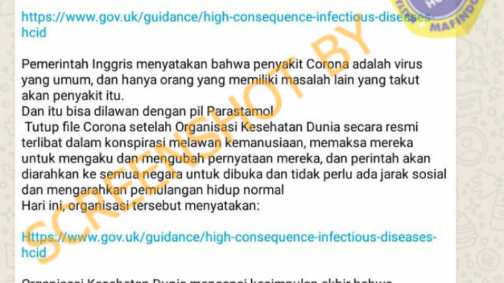 Berita hoaks ini beredar di grup WhatsApp. (Foto: Mafindo)