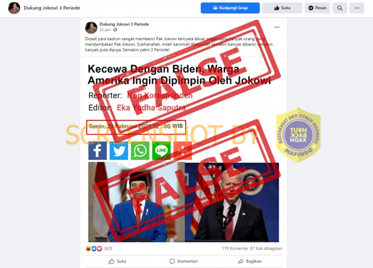 Tangkapan layar Facebook soal hoaks warga AS ingin dipimpin Jokowi. (Foto: MP/Turnbackhoax.id)