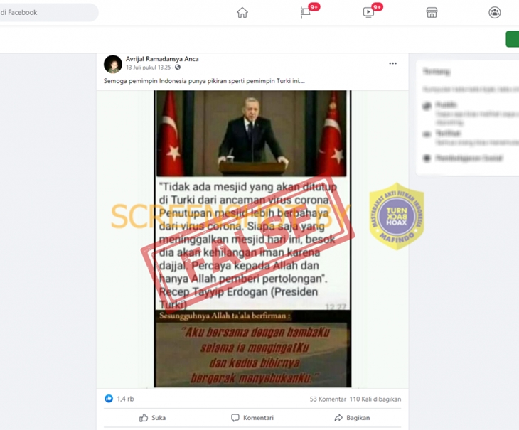 Tangkapan layar hoaks soal Turki tidak tutup masjid karena corona. (Foto: MP/Turnbackhoax.id)