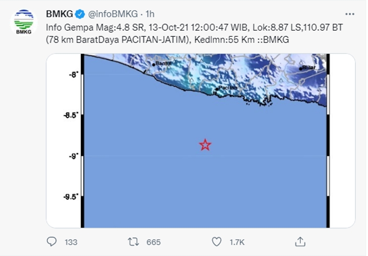 Gempa Pacitan. (Foto: MP/Twitter @infobmkg)