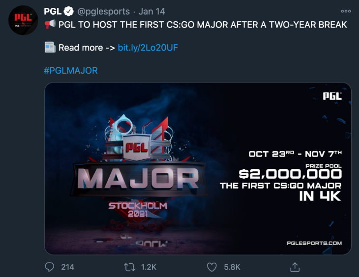 PGL: CS:GO Major Tournament 2021 Siapkan Hadiah Rp28 Miliar
