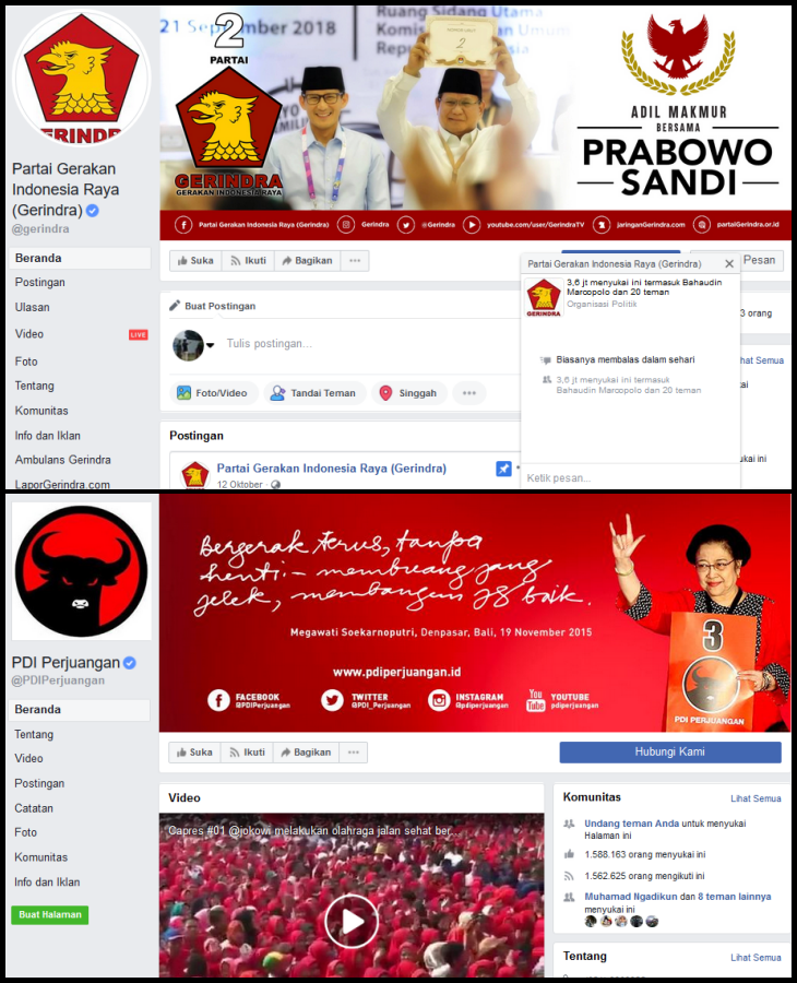 Halaman Facebook resmi Gerindra dan PDI Perjuangan (Foto: Screenshot Facebook)