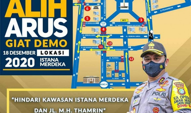 Rute pengalihan arus lalu lintas oleh aliansi nasional PA 212 di Istana Merdeka Jakarta dan MH Thamrin, Jumat (18/12/2020) (ANTARA/HO-Polda Metro Jaya)