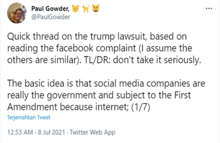 Cuitan Paul Gowder Mengenai Tuntutan Trump kepada Tiga Perusahaan Teknologi. (Foto: Twitter/@PaulGowder)