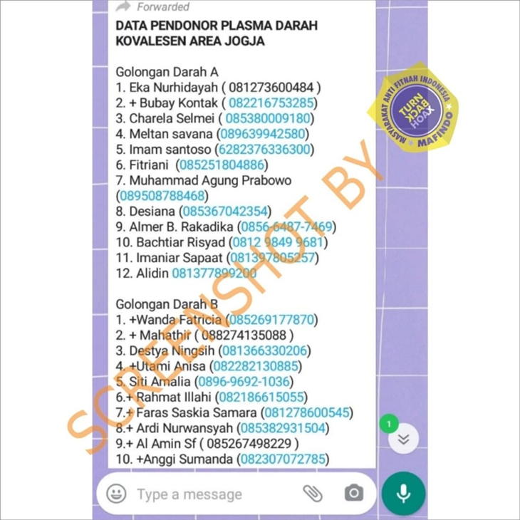 Tangkapan layar media sosial soal hoaks nomor pendonor plasma konvalesen. (Foto: MP/Turnbackhoax.id)