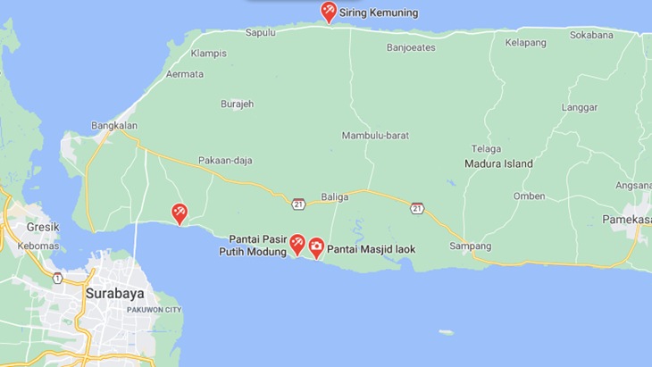 Lokasi Pantai Modung di Madura, lokasi terdampar puluhan paus. (Foto: MP/Google Maps)