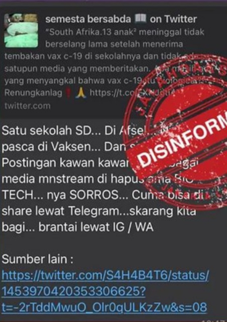 Tangkapan layar soal hoaks anak SD di Afsel meninggal setelah divaksin COVID-19. (Foto: MP/Ist)