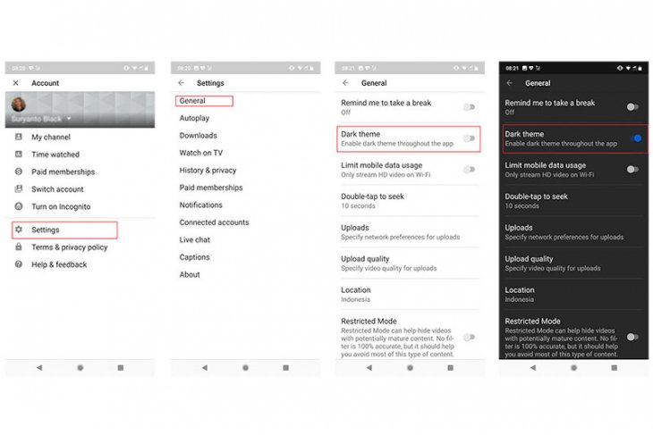 Langkah-langkah mengaktifkan Dark Mode pada aplikasi YouTube di Android. (ANTARA News/Suryanto) 