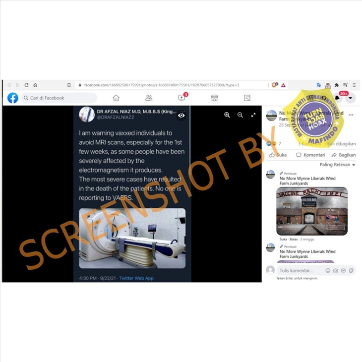 Tangkapan layar soal scan MRI harus dihindari setelah suntikan vaksin COVID-19. (Foto: MP/Turnbackhoax.id)