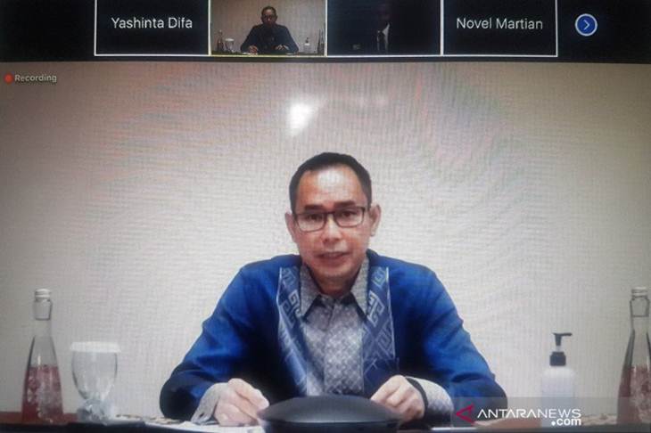 Direktur Perlindungan WNI dan BHI Kementerian Luar Negeri Judha Nugraha menyampaikan keterangan pers secara daring dari Jakarta, Rabu (10/6/2020). (ANTARA/Yashinta Difa)