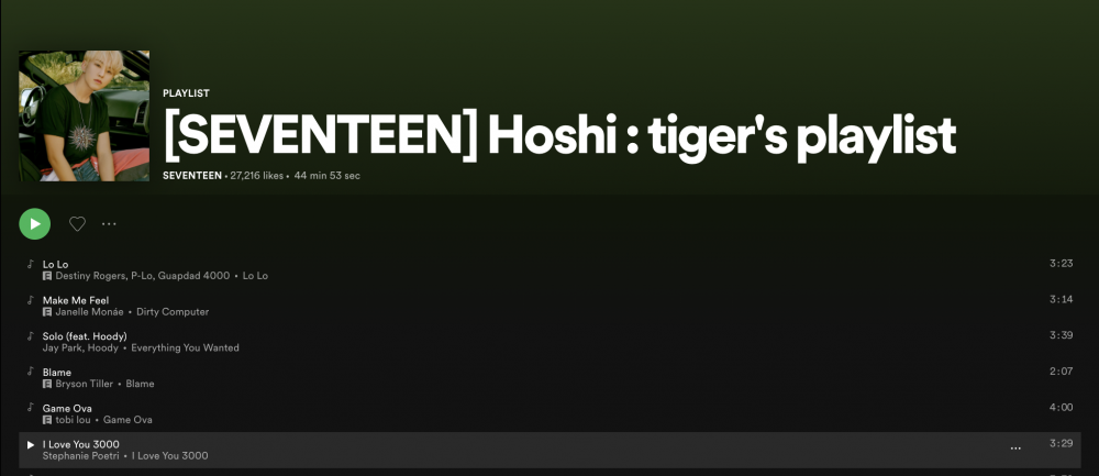 Hoshi Seventeen memasukkan lagu 'I Love You 3000' ke dalam Spotify Playlist miliknya. (Foto: allkpop.com)