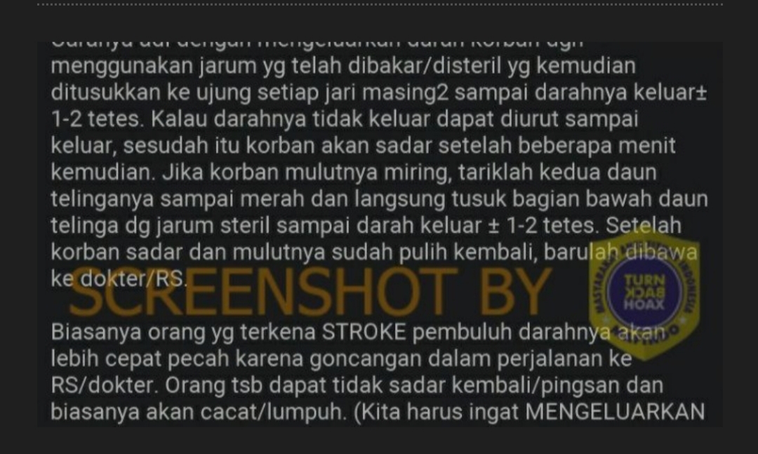 [HOAKS atau FAKTA]: Tusuk Jari dengan Jarum Mampu Sembuhkan Stroke