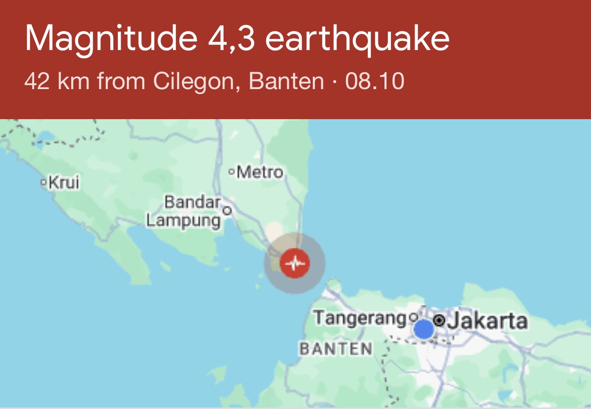 Gempa Magnitudo 4,3 Terjadi di Anyer Banten