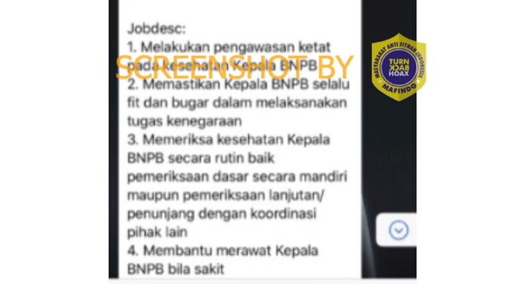 [HOAKS atau FAKTA]: Kepala BNPB Buka Lowongan untuk Cari Dokter Pribadi