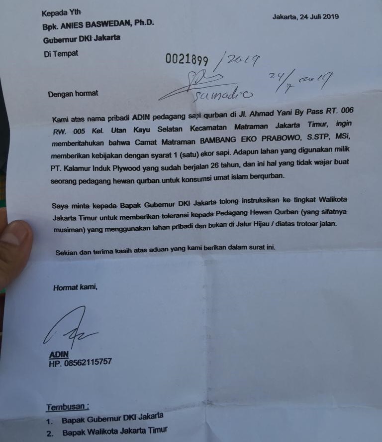 Surat permintaan setor sapi dari pejabat DKI Jakarta