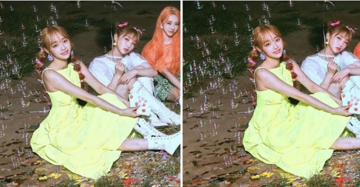Perbandingan foto Chuu yang sudah diedit (kiri) dengan foto aslinya (kanan). (Foto: Blockberry Creative)