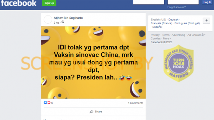 [HOAKS atau FAKTA]: IDI Tolak Disuntik Vaksin COVID-19 Pertama Kali