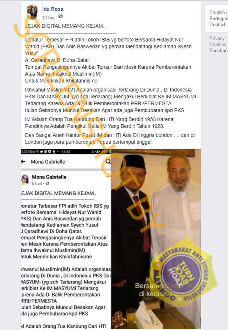 Tangkapan layar hoaks Anies Baswedan berfoto bersama tokoh ISIS. (Foto: MP/Turnbackhoax.id)