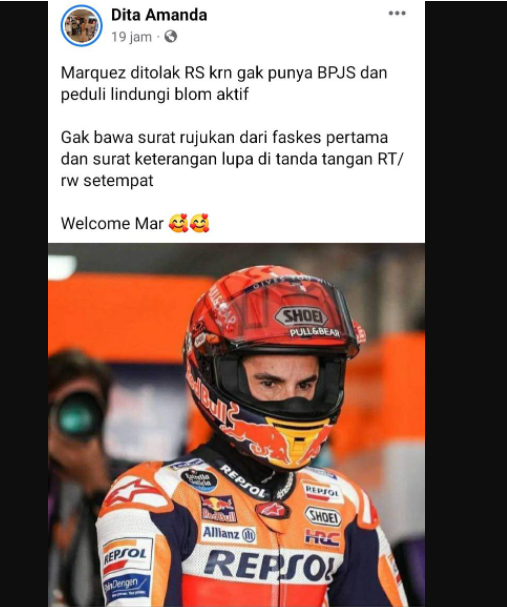 Tangkapan layar terkait Marquez tidak punya BPJS (Foto: Facebook)