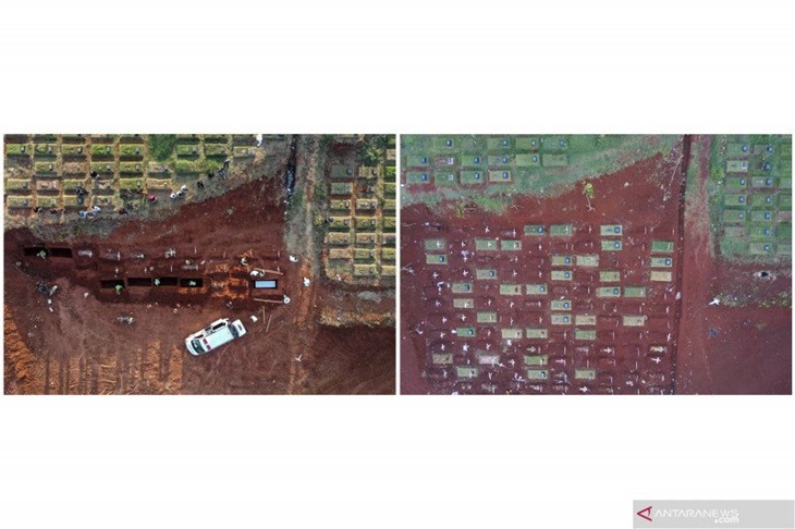 Foto kolase suasana lokasi pemakaman jenazah bagi yang meninggal dunia karena terkait COVID-19 Taman Pemakaman Umum (TPU) Pondok Ranggon pada Selasa (8/9/2020) (kiri) dan suasana lokasi pemakaman jenazah bagi yang meninggal dunia karena terkait COVID-19 TPU Pondok Ranggon di Jakarta, Jumat (2/10/2020) (kanan). Pemerintah Provinsi DKI Jakarta memperluas lahan untuk pemakaman jenazah bagi yang meninggal dunia karena terkait COVID-19 di TPU Pondok Ranggon, dengan pembukaan tahap pertama sekitar 7.141 meter persegi. ANTARA FOTO/Muhammad Adimaja/foc.