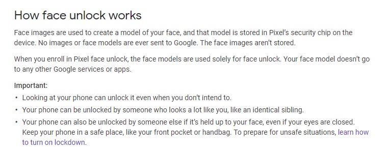 Pernyataan Google di situsnya perihal fitur face unlock Pixel 4 (Foto: Google)