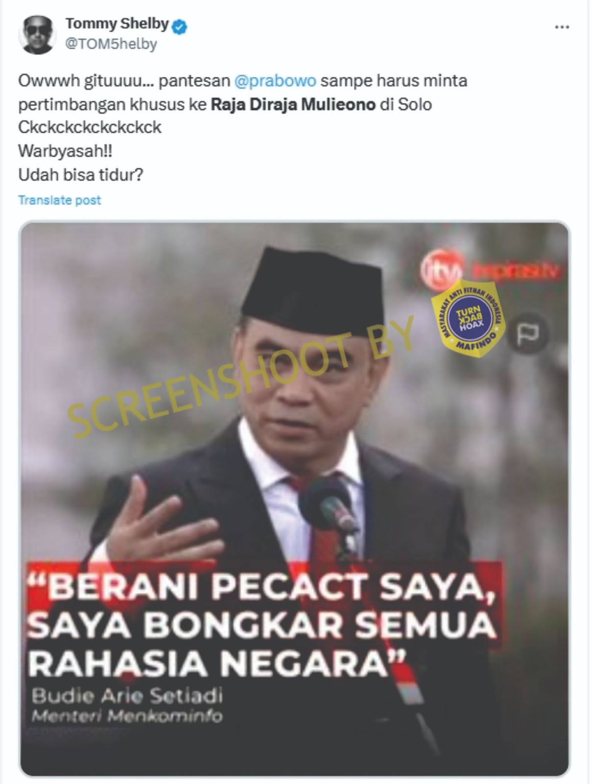 [HOAKS atau FAKTA] : Budi Arie Ancam Bongkar Semua Rahasia Negara bila  Dicopot