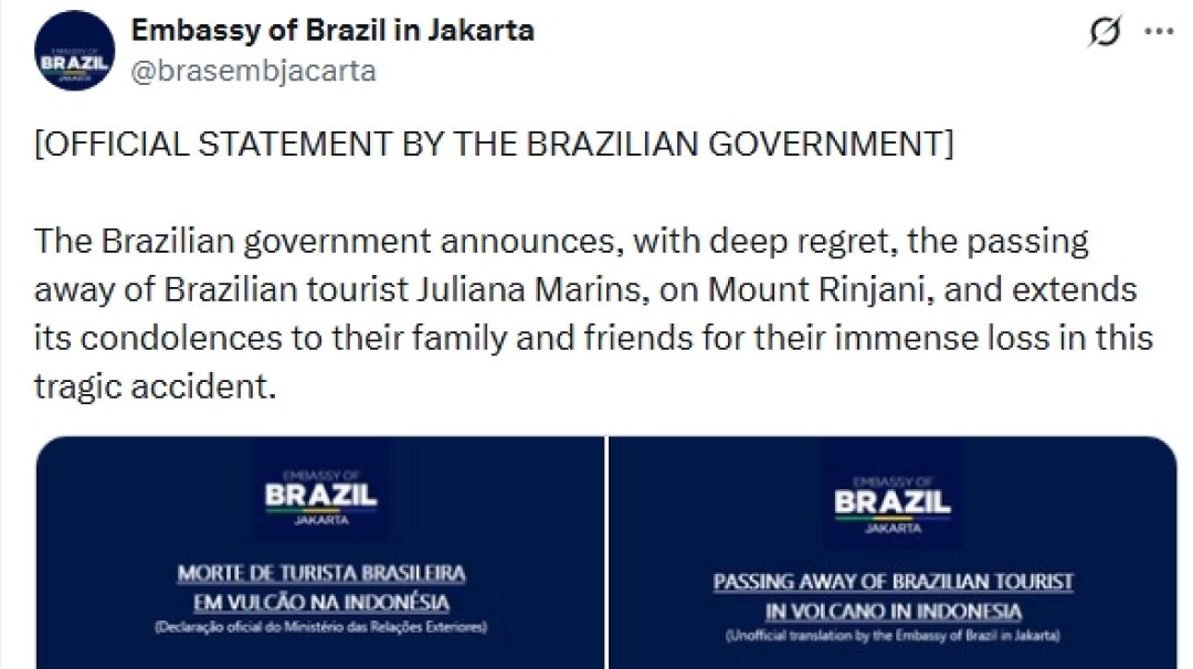 Pemerintah Brasil Tanggapi Kematian Warganya di Gunung Rinjani, Sampaikan Duka Cita Mendalam untuk Keluarga dan Teman-Teman Juliana Marins