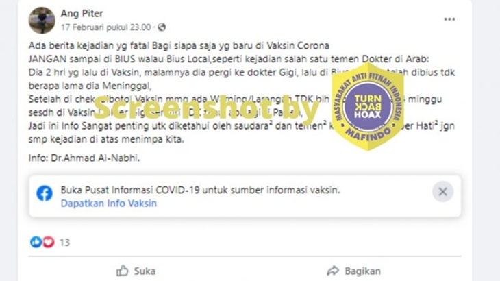 [HOAKS atau FAKTA]: Gunakan Obat Bius Setelah Vaksin COVID-19 Sebabkan Kematian