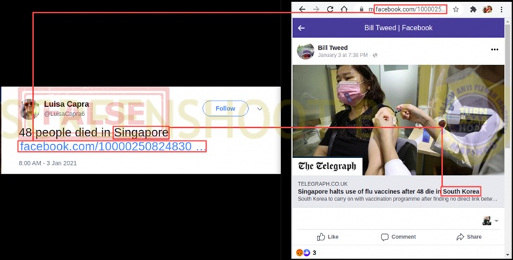 Tangkapan layar media sosial soal hoaks Singapuran hentikan vaksinasi setelah puluhan warganya meninggal dunia. (Foto: MP/Turnbackhoax.id)