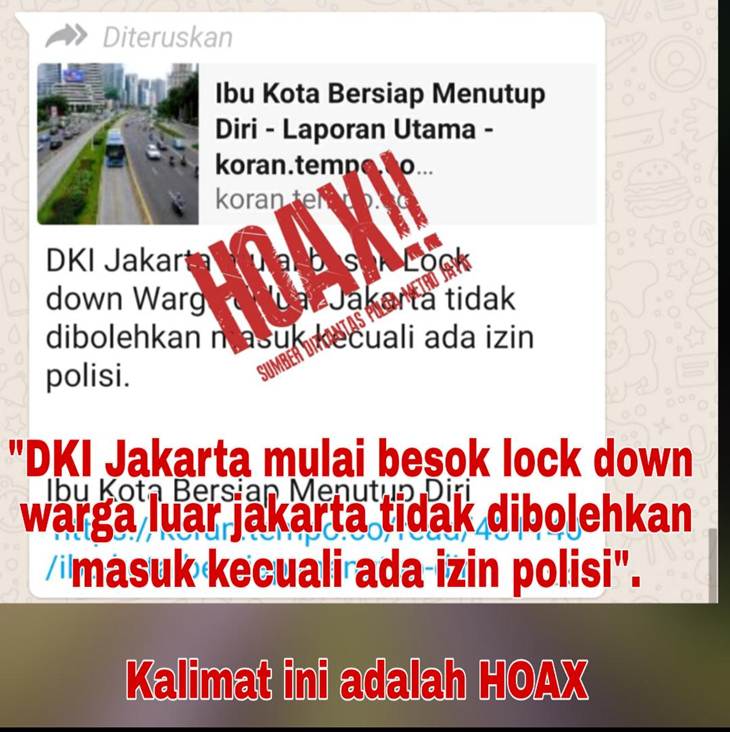 Tangkapan layar hoaks penutupan tol keluar-masuk Jakarta akibat penyebaran virus corona. (Foto: MP/Istimewa)