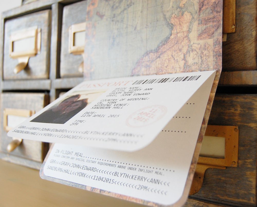 Kartu undangan pernikahan berbentuk paspor ala traveller (Foto: whyte weddings stationery)