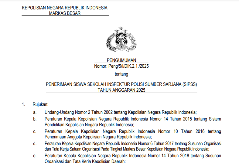 Pendaftaran Polri SIPSS 2025 Dibuka, Cek Persyaratan dan Jadwal Seleksinya
