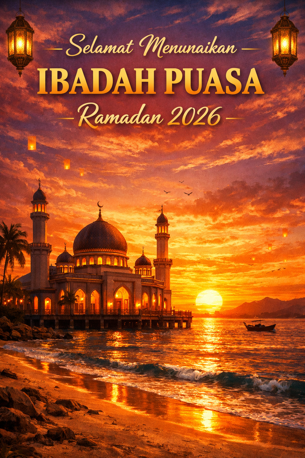 Ilustrasi suasana Ramadan dengan Al-Qur&rsquo;an dan hidangan berbuka, melambangkan niat puasa 1 bulan penuh dan doa berbuka puasa sahih.