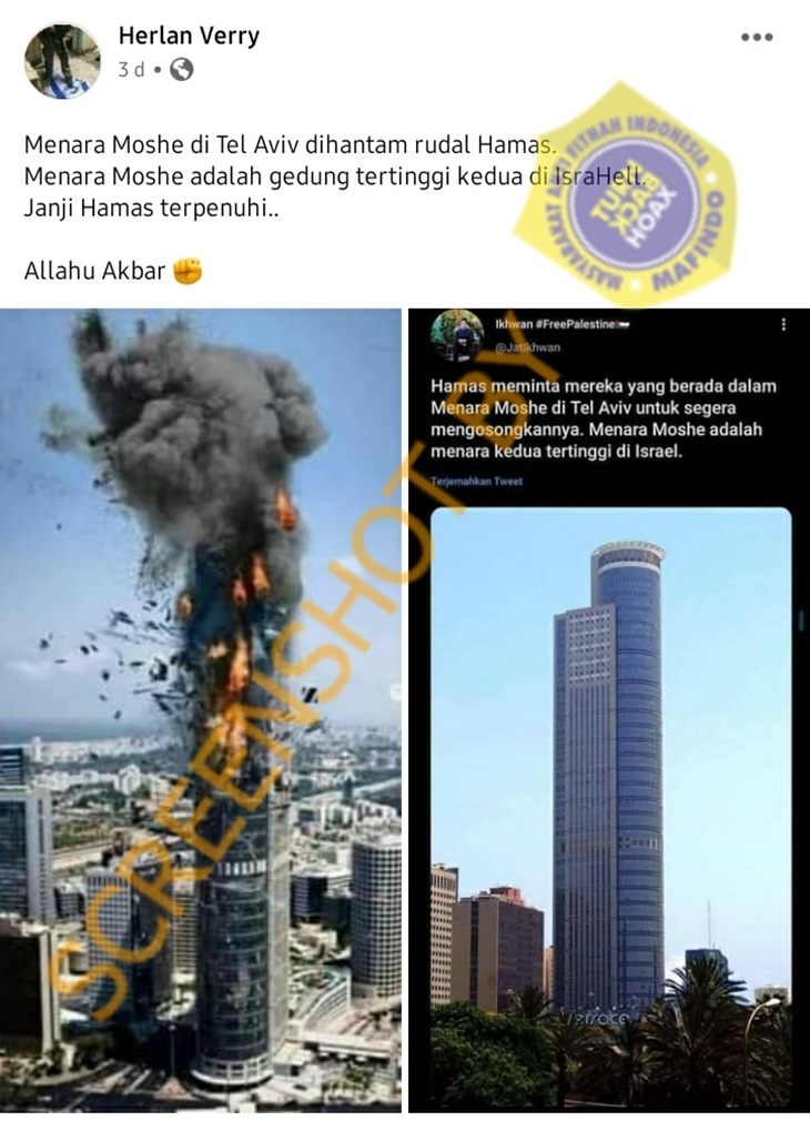 Tangkapan layar media sosial soal hoaks Menara Moshe hancur dirudal Hamas. (Foto: MP/Turnbackhoax.id)