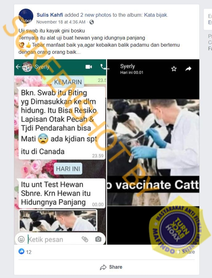 Tangkapan layar Facebook tentang klaim tes COVID-19 sebabkan jaringan otak rusak. (Foto: MP/turnbackhoax.id)
