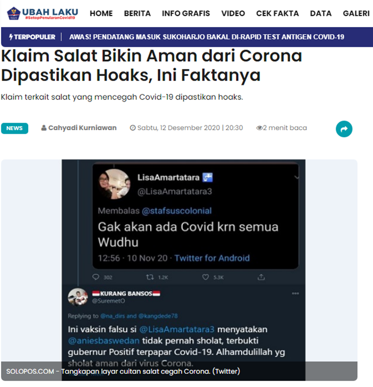 Tangkapan layar media sosial soal salat bikin aman dari virus corona. (Foto: MP/Turnbackhoax.id)