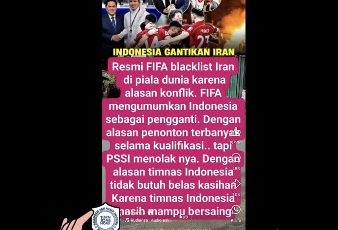 [HOAKS atau FAKTA]: FIFA Blacklist Iran, Timnas Indonesia Lolos ke Piala Dunia 2026