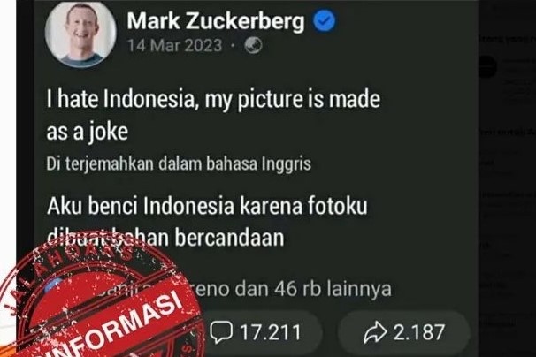 [HOAKS atau FAKTA]: Mark Zuckerberg Benci Indonesia Gegara Fotonya Jadi Bahan Candaan