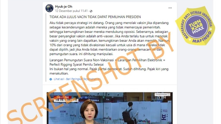 [HOAKS atau FAKTA]: Warga Korsel Belum Vaksin Dilarang Mengikuti Pemilihan Presiden