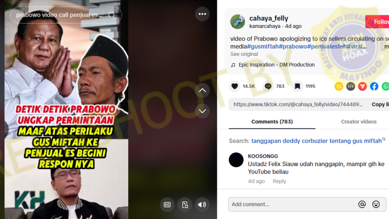[HOAKS atau FAKTA] : Prabowo Telpon Pedagang Es Teh Sunhaji, Minta Maaf Atas Ucapan Miftah