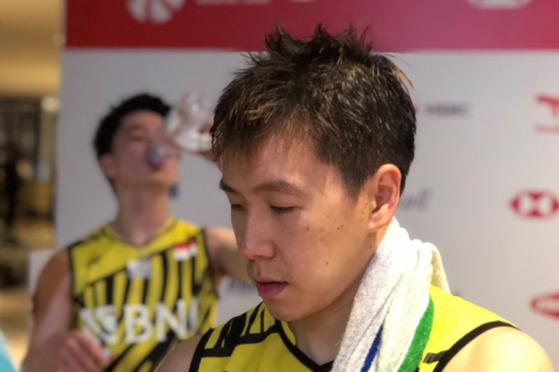 anda putra Kevin Sanjaya Sukamuljo/Marcus Fernaldi Gideon setelah mengalahkan Kim Astrupp/Anders Skarup Rasmussen (Denmark) di babak penyisihan Grup A World Tour Finals 2021 di Bali, Jumat. (Antaranews/Roy Rosa Bachtiar)