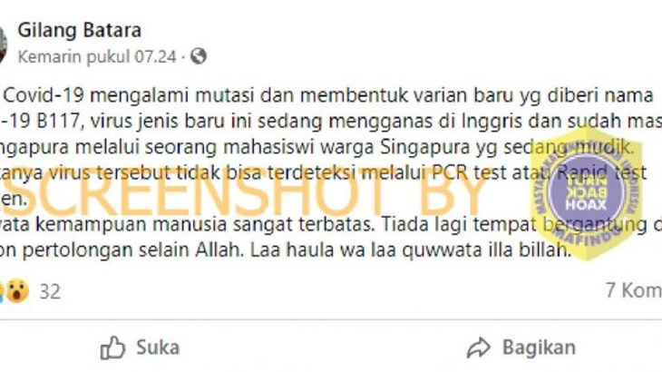 Tangkapan layar Facebook soal varian baru COVID-19 tak terdeteksi tes PCR. (Foto: MP/Turnbackhoax.id)